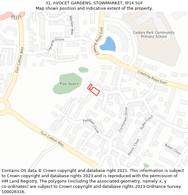 31, AVOCET GARDENS, STOWMARKET, IP14 5UF: Location map and indicative extent of plot