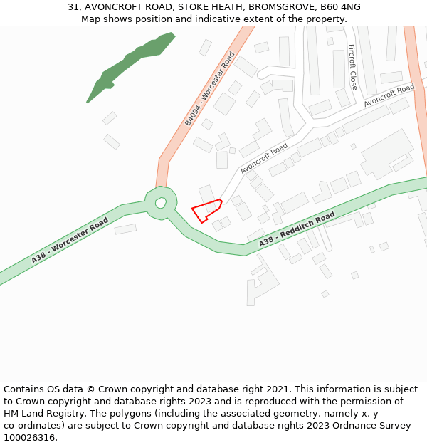 31, AVONCROFT ROAD, STOKE HEATH, BROMSGROVE, B60 4NG: Location map and indicative extent of plot