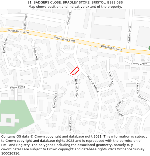 31, BADGERS CLOSE, BRADLEY STOKE, BRISTOL, BS32 0BS: Location map and indicative extent of plot