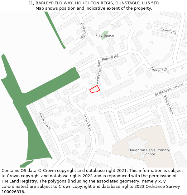 31, BARLEYFIELD WAY, HOUGHTON REGIS, DUNSTABLE, LU5 5ER: Location map and indicative extent of plot
