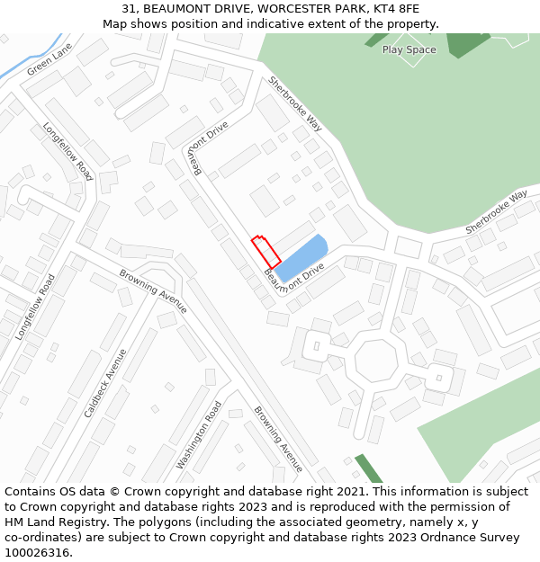31, BEAUMONT DRIVE, WORCESTER PARK, KT4 8FE: Location map and indicative extent of plot