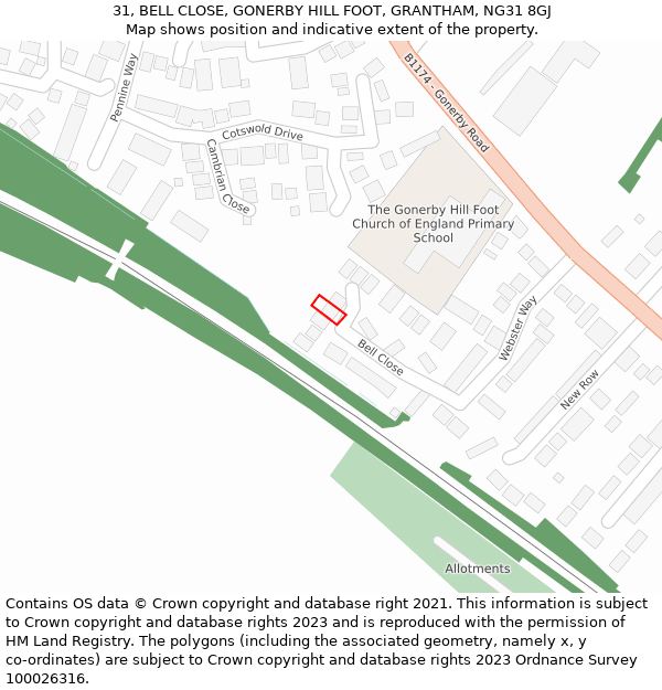 31, BELL CLOSE, GONERBY HILL FOOT, GRANTHAM, NG31 8GJ: Location map and indicative extent of plot