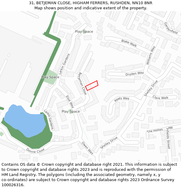 31, BETJEMAN CLOSE, HIGHAM FERRERS, RUSHDEN, NN10 8NR: Location map and indicative extent of plot