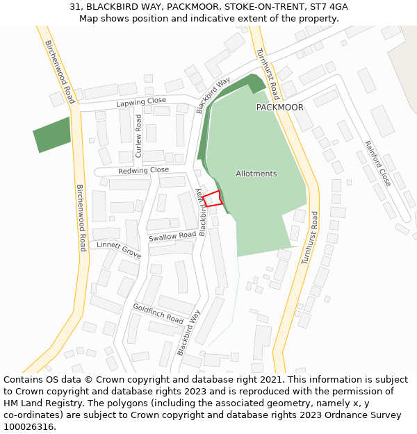 31, BLACKBIRD WAY, PACKMOOR, STOKE-ON-TRENT, ST7 4GA: Location map and indicative extent of plot