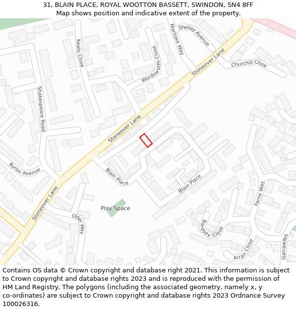 31, BLAIN PLACE, ROYAL WOOTTON BASSETT, SWINDON, SN4 8FF: Location map and indicative extent of plot