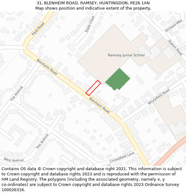31, BLENHEIM ROAD, RAMSEY, HUNTINGDON, PE26 1AN: Location map and indicative extent of plot