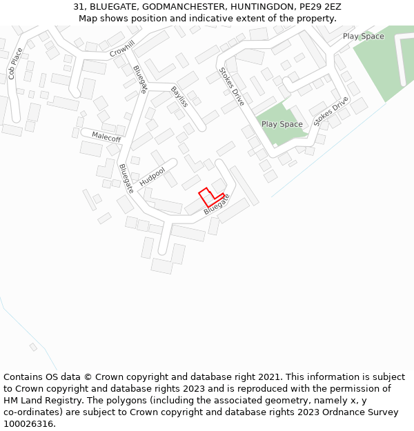 31, BLUEGATE, GODMANCHESTER, HUNTINGDON, PE29 2EZ: Location map and indicative extent of plot