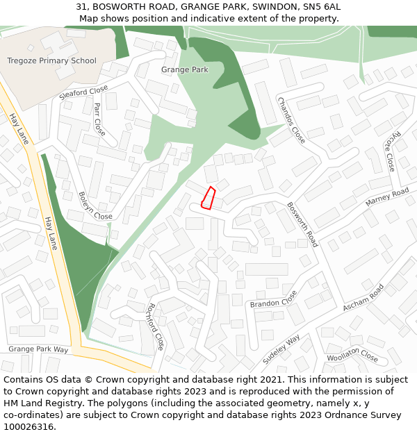 31, BOSWORTH ROAD, GRANGE PARK, SWINDON, SN5 6AL: Location map and indicative extent of plot