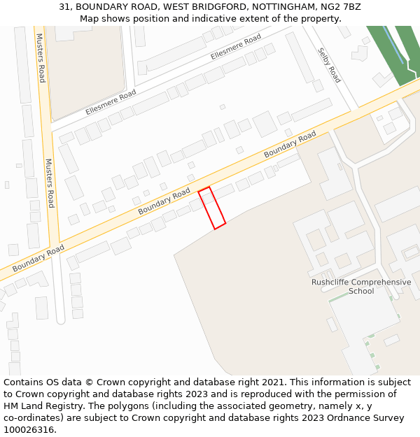 31, BOUNDARY ROAD, WEST BRIDGFORD, NOTTINGHAM, NG2 7BZ: Location map and indicative extent of plot