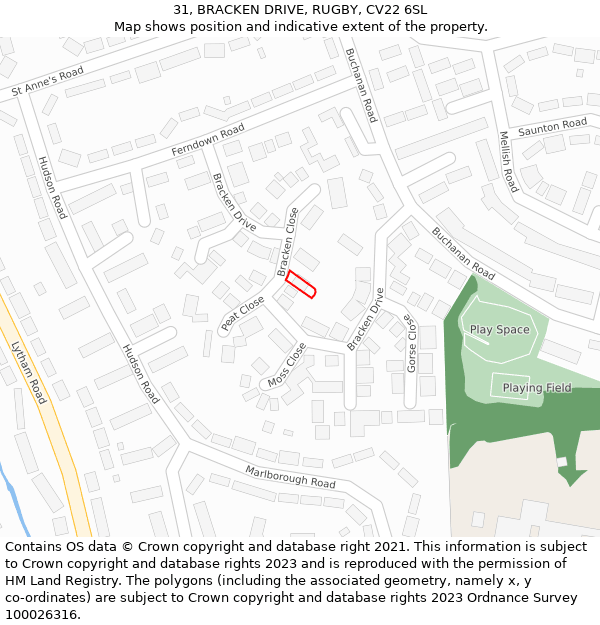 31, BRACKEN DRIVE, RUGBY, CV22 6SL: Location map and indicative extent of plot