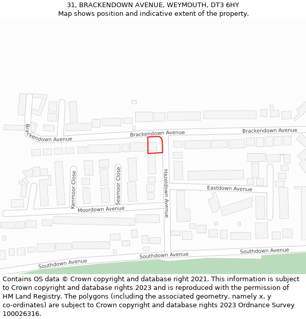 31, BRACKENDOWN AVENUE, WEYMOUTH, DT3 6HY: Location map and indicative extent of plot