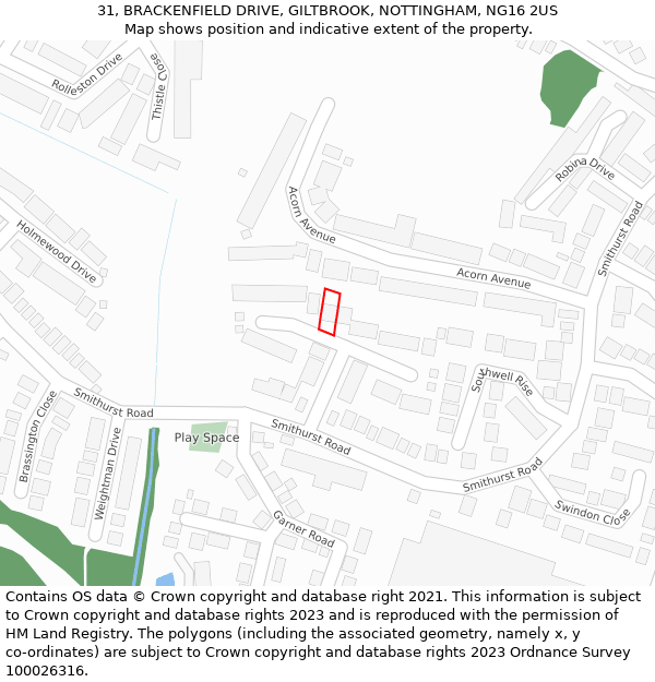 31, BRACKENFIELD DRIVE, GILTBROOK, NOTTINGHAM, NG16 2US: Location map and indicative extent of plot