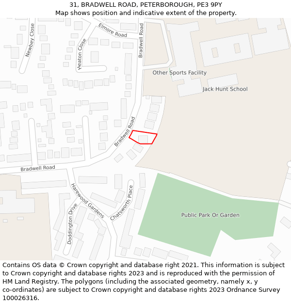 31, BRADWELL ROAD, PETERBOROUGH, PE3 9PY: Location map and indicative extent of plot