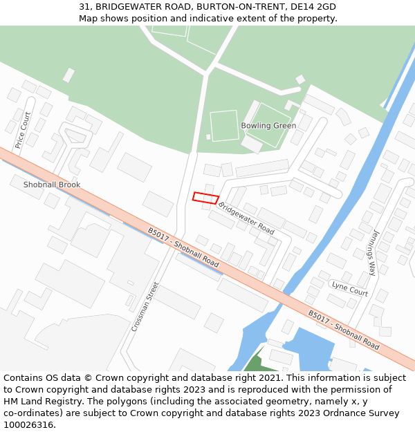 31, BRIDGEWATER ROAD, BURTON-ON-TRENT, DE14 2GD: Location map and indicative extent of plot