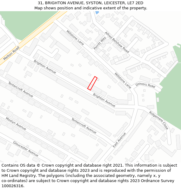 31, BRIGHTON AVENUE, SYSTON, LEICESTER, LE7 2ED: Location map and indicative extent of plot