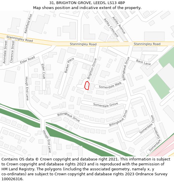 31, BRIGHTON GROVE, LEEDS, LS13 4BP: Location map and indicative extent of plot