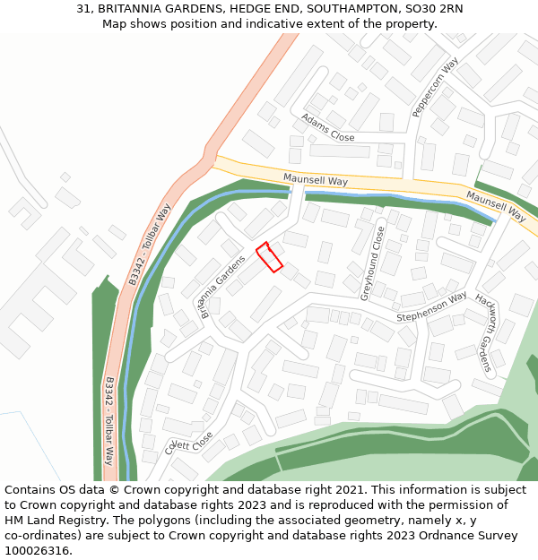 31, BRITANNIA GARDENS, HEDGE END, SOUTHAMPTON, SO30 2RN: Location map and indicative extent of plot