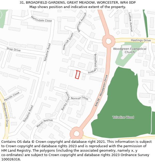 31, BROADFIELD GARDENS, GREAT MEADOW, WORCESTER, WR4 0DP: Location map and indicative extent of plot