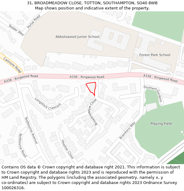 31, BROADMEADOW CLOSE, TOTTON, SOUTHAMPTON, SO40 8WB: Location map and indicative extent of plot