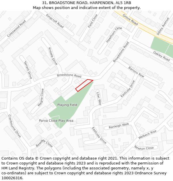 31, BROADSTONE ROAD, HARPENDEN, AL5 1RB: Location map and indicative extent of plot