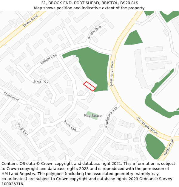 31, BROCK END, PORTISHEAD, BRISTOL, BS20 8LS: Location map and indicative extent of plot