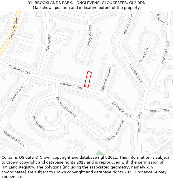 31, BROOKLANDS PARK, LONGLEVENS, GLOUCESTER, GL2 0DN: Location map and indicative extent of plot