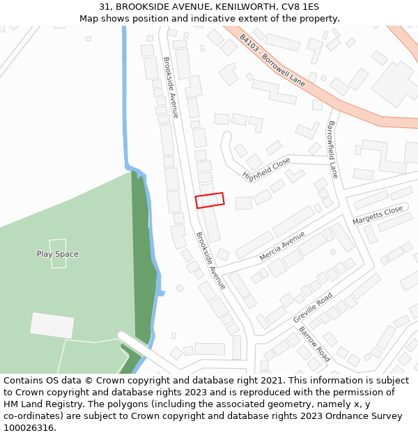 31, BROOKSIDE AVENUE, KENILWORTH, CV8 1ES: Location map and indicative extent of plot
