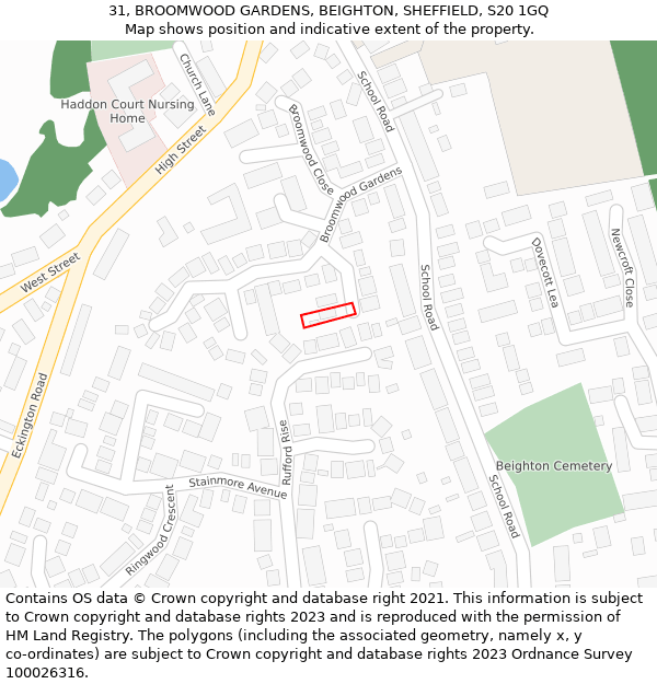 31, BROOMWOOD GARDENS, BEIGHTON, SHEFFIELD, S20 1GQ: Location map and indicative extent of plot
