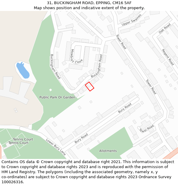 31, BUCKINGHAM ROAD, EPPING, CM16 5AF: Location map and indicative extent of plot