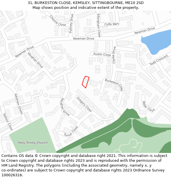 31, BURKESTON CLOSE, KEMSLEY, SITTINGBOURNE, ME10 2SD: Location map and indicative extent of plot