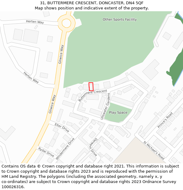 31, BUTTERMERE CRESCENT, DONCASTER, DN4 5QF: Location map and indicative extent of plot