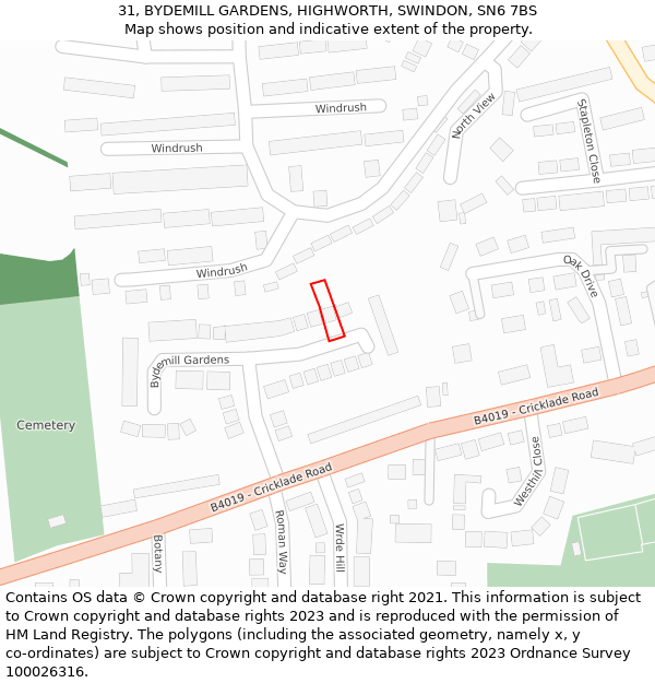 31, BYDEMILL GARDENS, HIGHWORTH, SWINDON, SN6 7BS: Location map and indicative extent of plot