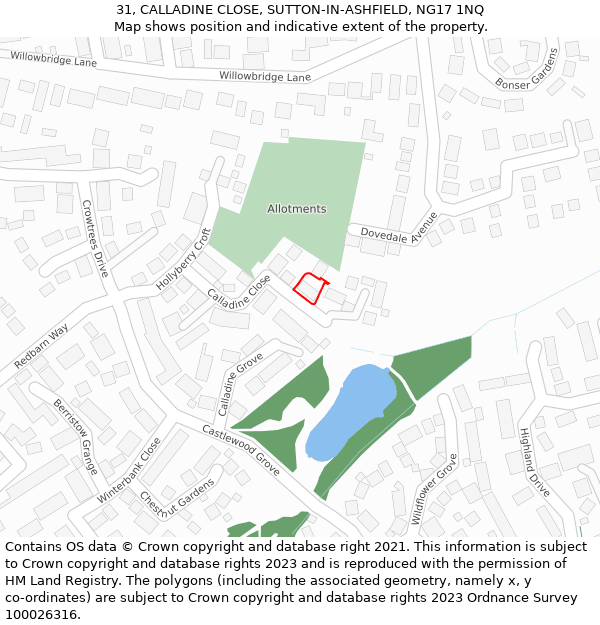 31, CALLADINE CLOSE, SUTTON-IN-ASHFIELD, NG17 1NQ: Location map and indicative extent of plot