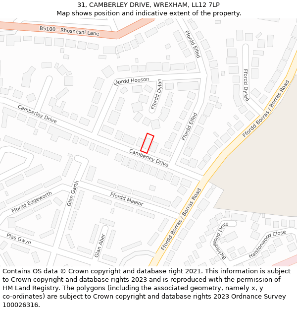 31, CAMBERLEY DRIVE, WREXHAM, LL12 7LP: Location map and indicative extent of plot