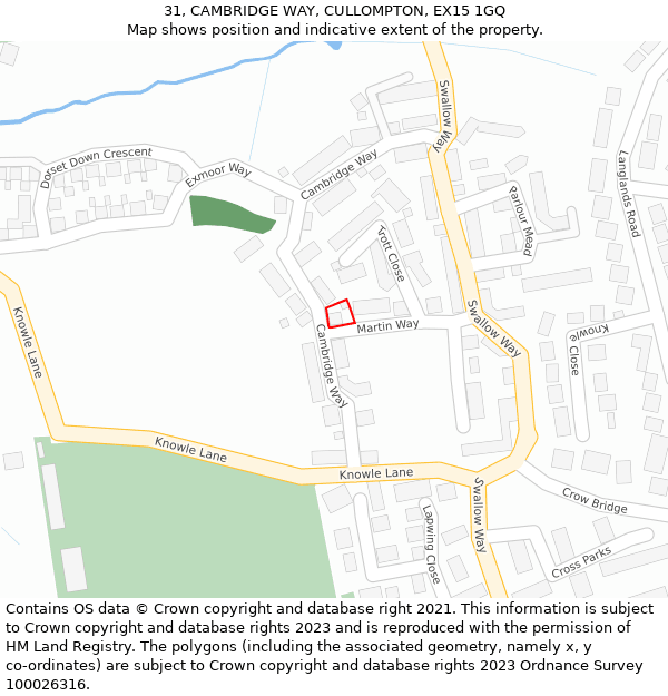 31, CAMBRIDGE WAY, CULLOMPTON, EX15 1GQ: Location map and indicative extent of plot