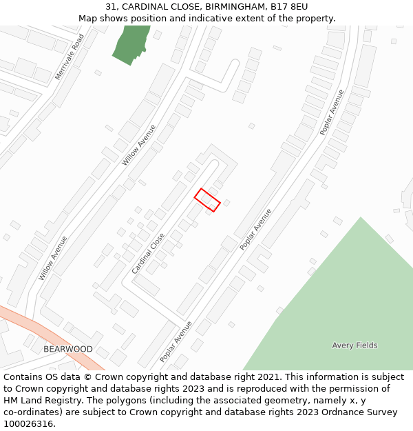 31, CARDINAL CLOSE, BIRMINGHAM, B17 8EU: Location map and indicative extent of plot