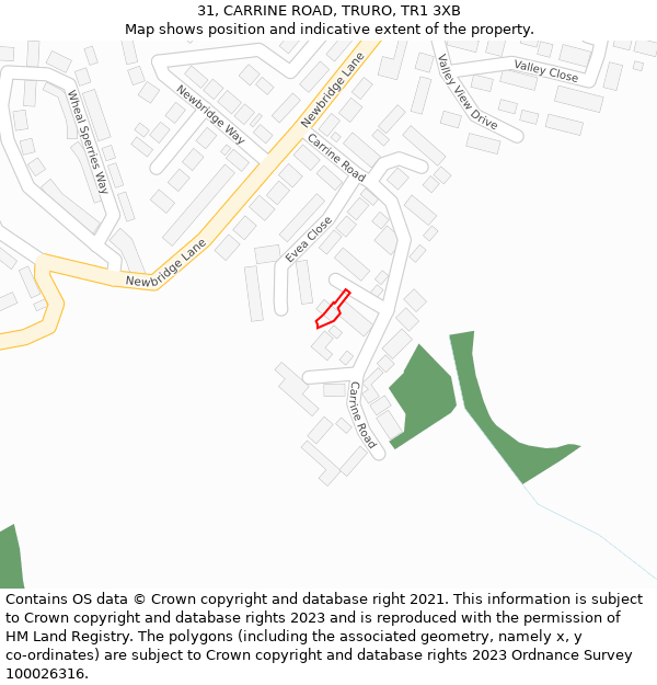31, CARRINE ROAD, TRURO, TR1 3XB: Location map and indicative extent of plot
