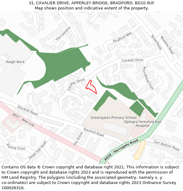 31, CAVALIER DRIVE, APPERLEY BRIDGE, BRADFORD, BD10 0UF: Location map and indicative extent of plot