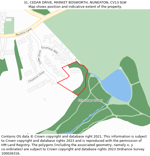 31, CEDAR DRIVE, MARKET BOSWORTH, NUNEATON, CV13 0LW: Location map and indicative extent of plot