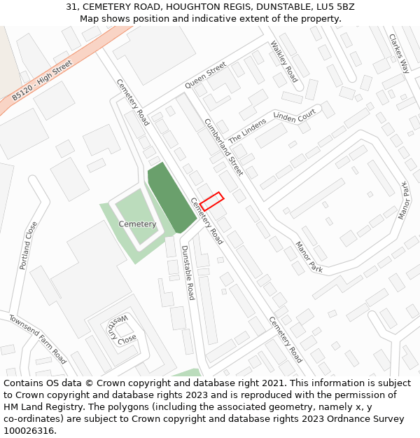 31, CEMETERY ROAD, HOUGHTON REGIS, DUNSTABLE, LU5 5BZ: Location map and indicative extent of plot