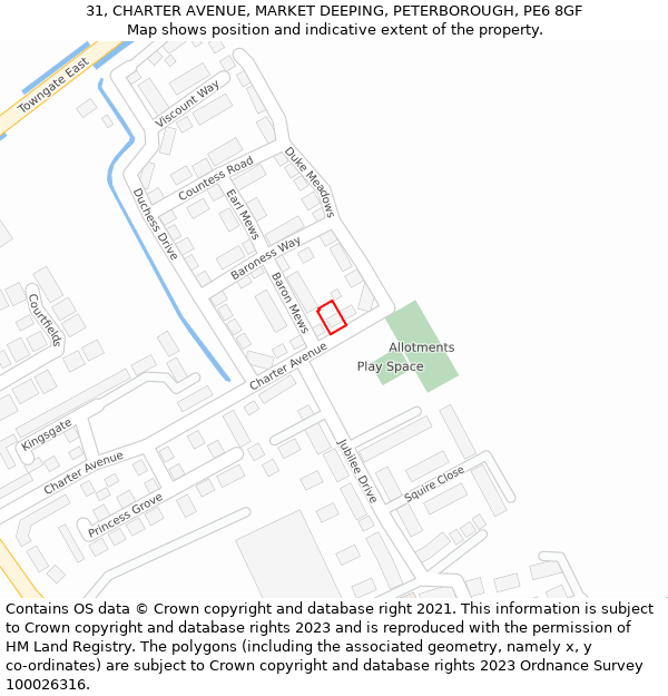 31, CHARTER AVENUE, MARKET DEEPING, PETERBOROUGH, PE6 8GF: Location map and indicative extent of plot