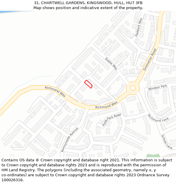 31, CHARTWELL GARDENS, KINGSWOOD, HULL, HU7 3FB: Location map and indicative extent of plot