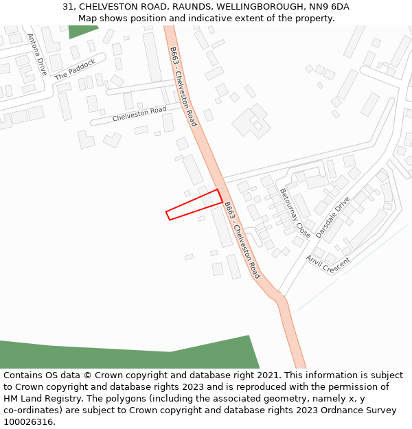 31, CHELVESTON ROAD, RAUNDS, WELLINGBOROUGH, NN9 6DA: Location map and indicative extent of plot