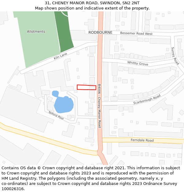 31, CHENEY MANOR ROAD, SWINDON, SN2 2NT: Location map and indicative extent of plot