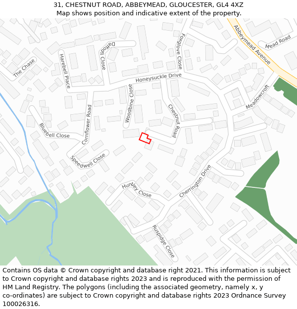 31, CHESTNUT ROAD, ABBEYMEAD, GLOUCESTER, GL4 4XZ: Location map and indicative extent of plot