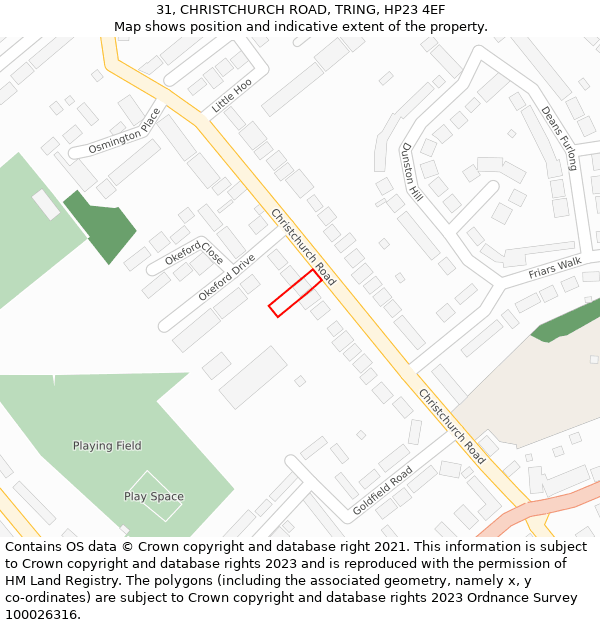 31, CHRISTCHURCH ROAD, TRING, HP23 4EF: Location map and indicative extent of plot