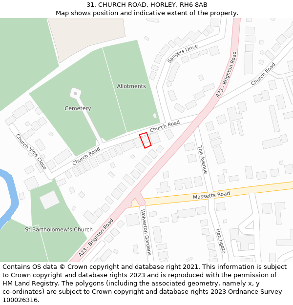 31, CHURCH ROAD, HORLEY, RH6 8AB: Location map and indicative extent of plot