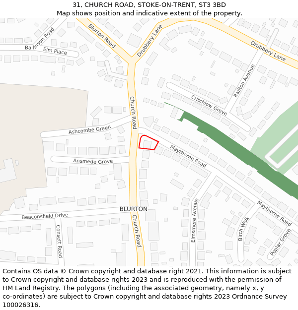 31, CHURCH ROAD, STOKE-ON-TRENT, ST3 3BD: Location map and indicative extent of plot