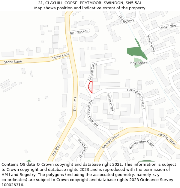 31, CLAYHILL COPSE, PEATMOOR, SWINDON, SN5 5AL: Location map and indicative extent of plot