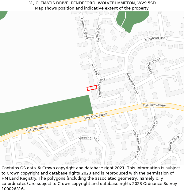 31, CLEMATIS DRIVE, PENDEFORD, WOLVERHAMPTON, WV9 5SD: Location map and indicative extent of plot